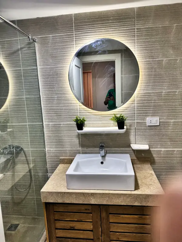 Walk-in shower beside the basin