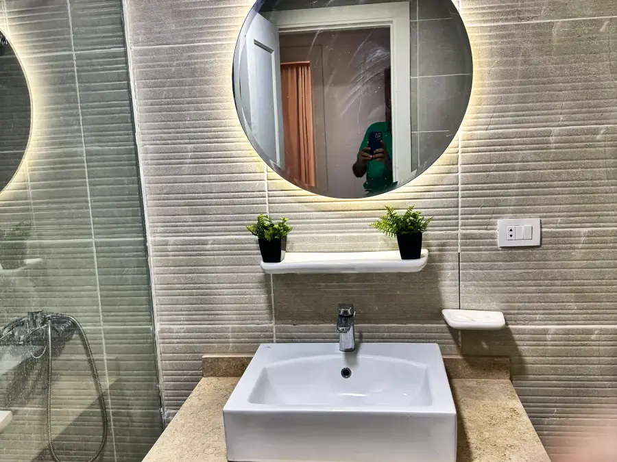 Walk-in shower beside the basin