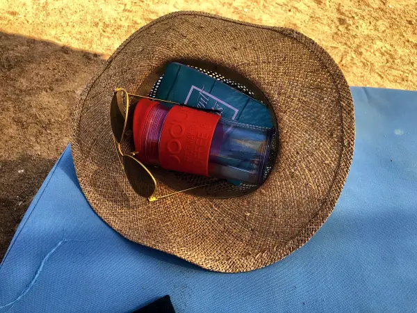 Sun hat, sunglasses and a cold drink