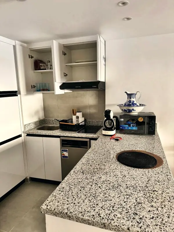 Stone counter with kettle and coffee maker