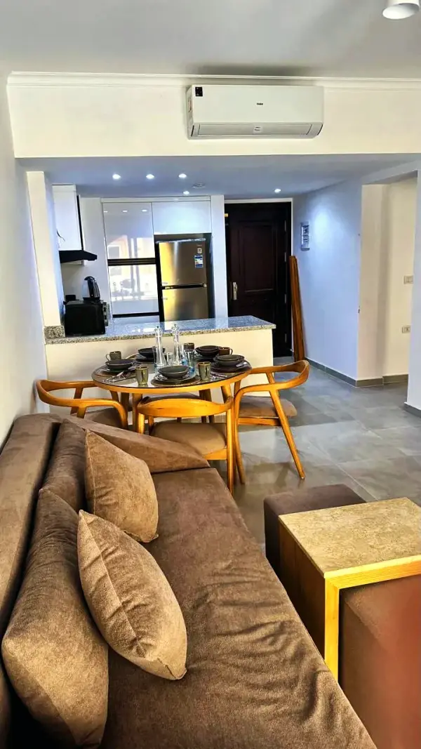 Sofa and dining table in an open living room