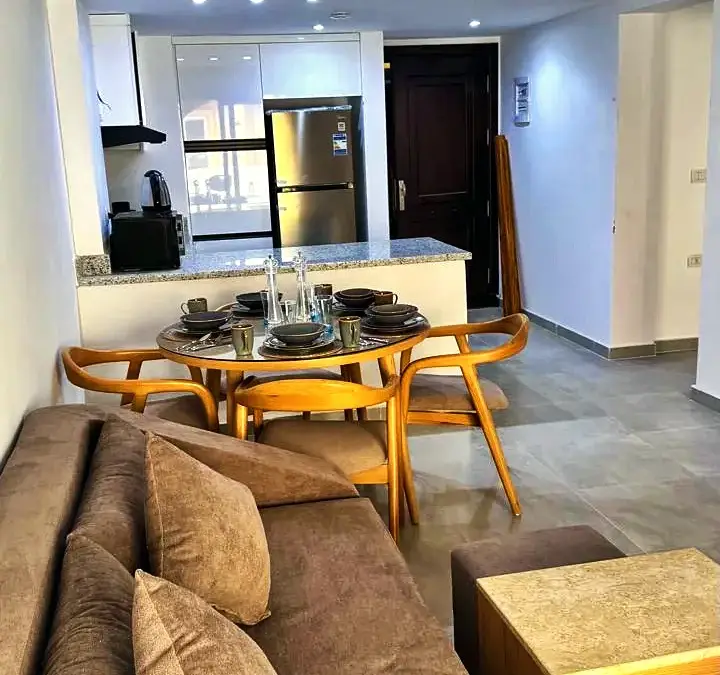 Sofa and dining table in an open living room