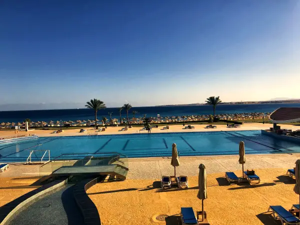 The pool looking out over the beach to the Red Sea