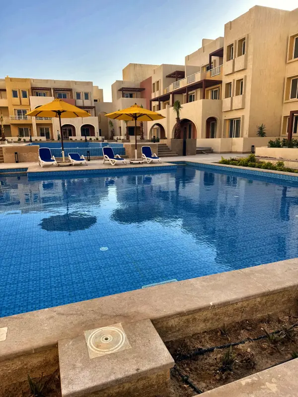 Loungers and parasols along the pool edge
