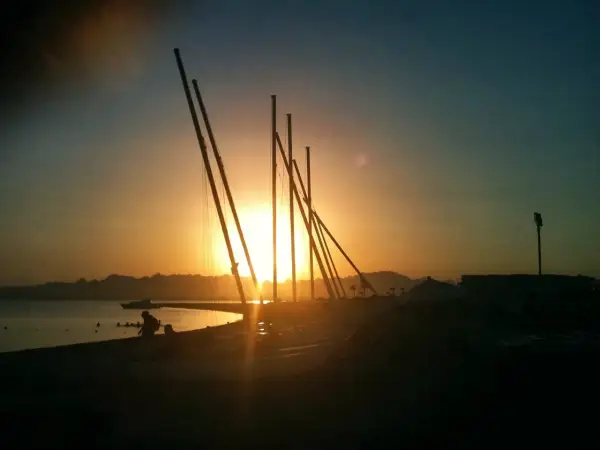 Boat masts against the sun going down over the bay